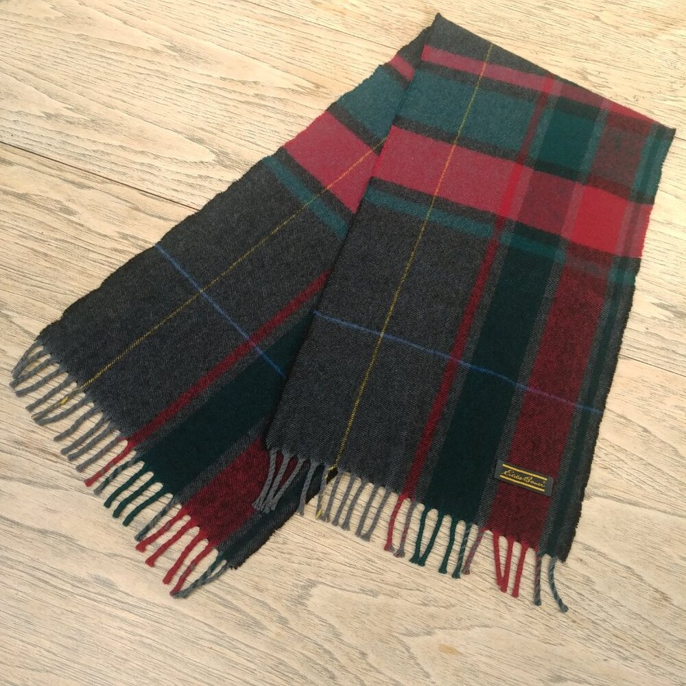 Eddie Bauer red green gray wool plaid scarf with fringe